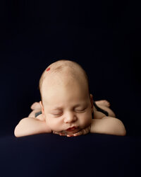 Sleeping newborn baby posed on hands with a dark blue background during a dramatic studio session by newborn photographer Kaitlyn Dawn Photography.