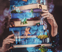 Stack of books with leaves and moss growing between pages