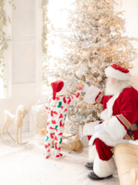 santa claus helps young boy hang ornament on decorated christmas tree