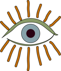 A retro designed eyeball with burnt orange lashes, a light green lid, and blue iris with a bold black pupil