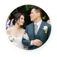 circle image of bride smiling at groom