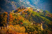 Fall on the Great Wall of China. It goes on forever through the mountains of China.