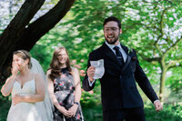 Funny unique moment of the groom yelling during his vows in a Los Angeles garden wedding ceremony, captured in a candid documentary style.