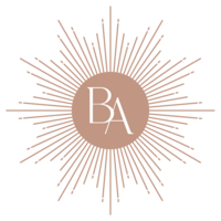 Rose gold, sun shaped logo with the initials BA