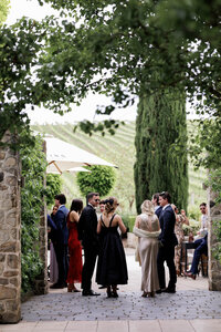 Wedding guests gathered outdoors beneath tall trees during ceremony