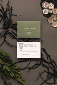 Sage green envelope with lion RSVP card for wedding invitation