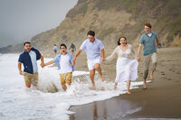 Large family holding hands running through high surf on the beach