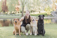 photographer sitting with dogs in park