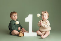 Twin one year olds children pose with a number one for their milestone session.