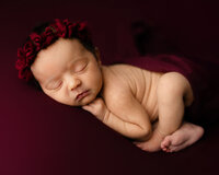 Sleeping newborn baby girl posed on a deep red backdrop and wearing a burgundy floral headband during a newborn photography session by Kaitlyn Dawn Photography.