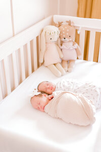 Twin baby girls laying together swaddled in their crib  side by side