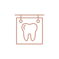 A line art graphic depicting a cartoon style dental X-ray in the signature brick color of Andersonville, Chicago pediatric dentist Dr. Michael Rabinowitz, DDS.