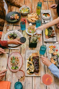 Overhead of a full shared table at Mustangs & Burro