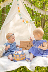 baby girls sit on white blanket in front of decorated white tent with sweet heather anne classic buttercream cake during smash cake session outside