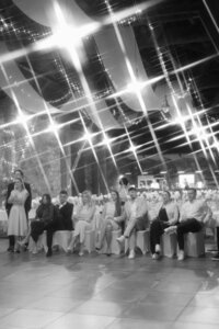 Artsy wedding party photo with creative light play