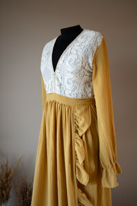 flowy yellow muslin and lace dress for photo shoot