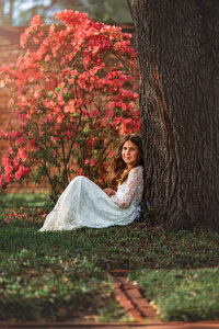Child in white lace dress sitting beneath a flowering tree during golden hour family photography session in New Bern NC