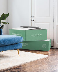 Albany Park branded shipping boxes beside a blue chair