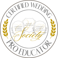 Logo of the Iowa wedding planning society featuring text "certified wedding pro educator" with gold laurel wreath on a white background.
