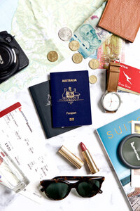 Lifestyle-inspired product photography flat lay featuring travel essentials and accessories for brand storytelling