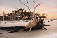 Pregnant woman poses for Maternity Portraits on Folly Beach near Charleston, SC.
