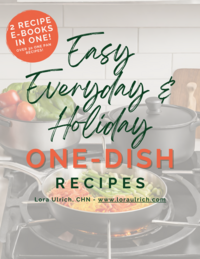 Cookbook cover featuring a pot on a stove, titled 'Easy Everyday & Holiday One-Dish Recipes' by Lora Ulrich, CHN