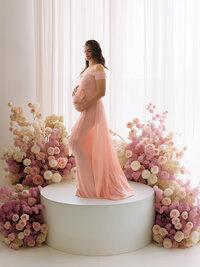 Expectant mother poses for Luxury, Editorial Style Studio Maternity Portraits at Holy City Babies Portrait Studio in Charleston, SC.