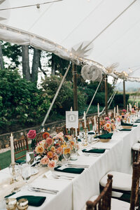Outdoor wedding setup at Keswick Vineyard with floral design by Flowergirl Cville, Charlottesville VA florist | Photo by Abby Hart Photography