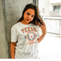 Model wearing Texas Longhorns white t shirt