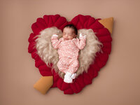 4Karma Studio - A sleeping newborn posed with a delicate heart-shaped prop in a Hollywood studio, styled with soft textures and true-to-life colors for a timeless portrait.