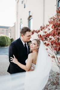 Courtyard portraits at one of the best wedding venues near Louisville, The Refinery surrounded by greenery