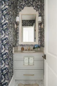 daley home sunny bell new construction bathroom with bright and bold botanical wallpaper