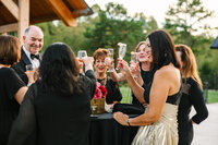 Mother of the bride cheers with her friends during cocktail hour at wedding in the Smoky Mountains