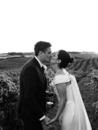 Black and white portrait of newlywed couple outdoors