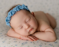 Sleeping newborn baby wearing a blue headband and posed on a soft blanket during a studio session with newborn photographer Kaitlyn Dawn Photography.