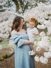 Mom and toddler surrounded by cherry blossom blooms