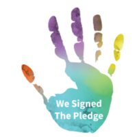 a multi colored handprint graphic that saus "we signed the pledge"