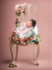 4Karma Studio - A professional fine art newborn portrait in Hollywood featuring a baby posed on a miniature vintage chair with true-to-life skin tones.