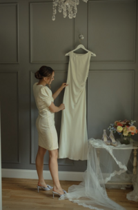 bride with her wedding gown at the bradford in new hill nc vintage silk