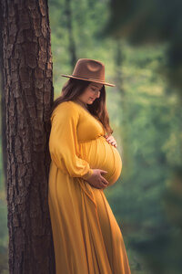 Pregnant mother leaning against tree in flowing yellow dress during forest maternity session