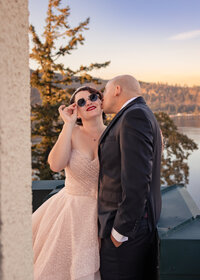 Bride and Groom portraits after their wedding and during golden hour at the top of the Columbia Gorge Hotel Tower