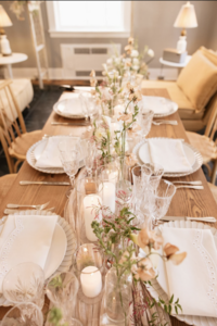 Micro-wedding tablescape by Flowergirl Cville, at Maison Charlottesville. Photography by Amy MItchell.