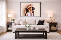 black framed portrait of family in modern living room of home in New Bern, NC