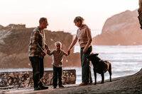 Family holding hands along with their black dog at the beach during sunset