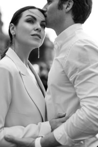 Bride and groom walk up memorial steps at their DC wedding