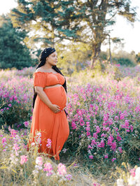 A pregnant black mom is standing amongst blooming flowers in a sweet pea maternity session at Discovery Park in Seattle.