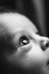 A black and white macro photo of a newborn gazing upward. The eye is in focus looking up at a large light.
