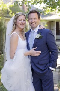 Bride and Groom pose for portrait during wedding on Nantucket.