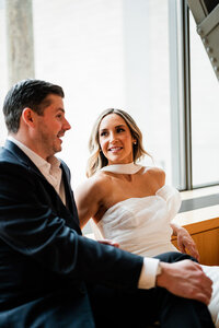bride smiling at groom art institute chicago engagement