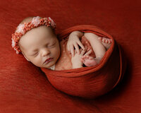 Swaddled newborn resting on a deep red backdrop with coordinated wraps. Photographed by Inland Empire newborn photographer Kaitlyn Dawn Photography.